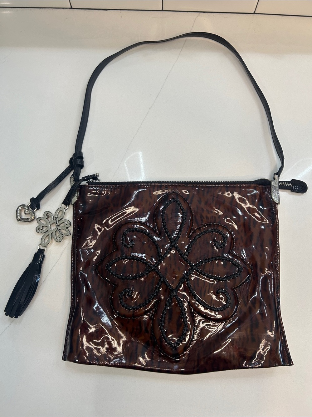 Brighton Brown Patent Animal Print Shoulder Bag with Tassel & Heart Charm